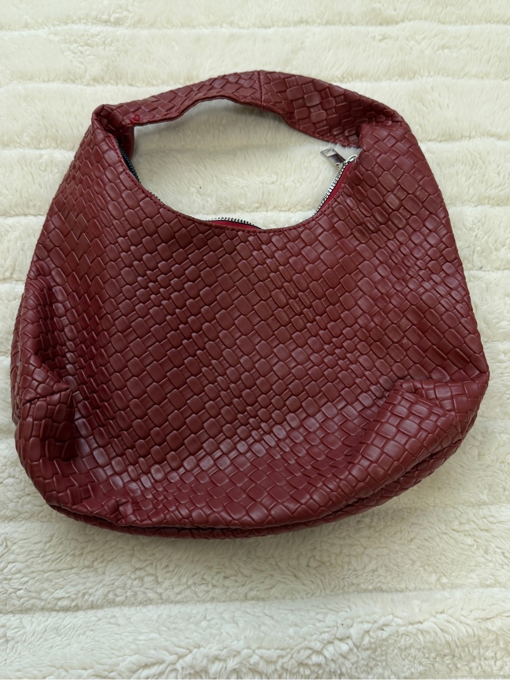 Woven Leather Hobo Bag - Burgundy